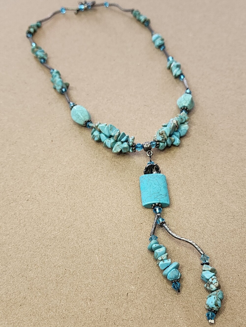 Vintage Turquoise Chip Nugget Native Style Y Necklace Dyed Howlite Beaded Stones
